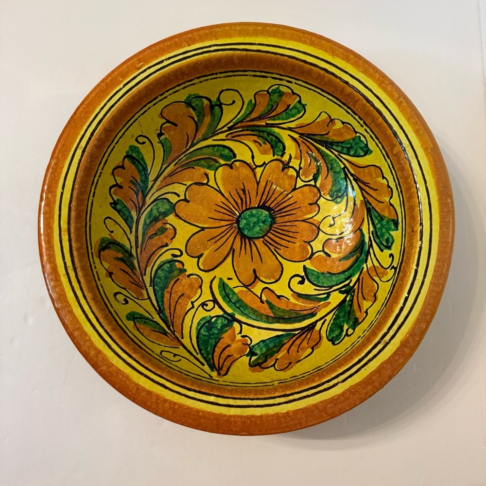 Hand-Painted vintage Italy Floral Ceramic Bowl large yellow orange green pottery